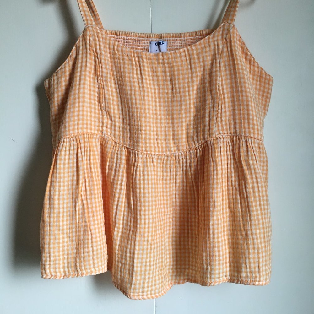 Old Navy NWT 100% Cotton Orange Gingham Smocked Tie Shoulder Tank Large - Picture 7 of 16